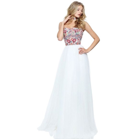 Sherri Hill Strapless Floral Top Gown - Picture 1 of 8